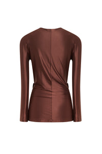 Blouse drapée à manches longues scintillante - Chocolat