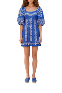 Topstitching short dress in linen - Blue