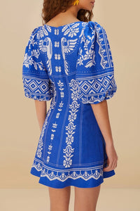 Topstitching short dress in linen - Blue
