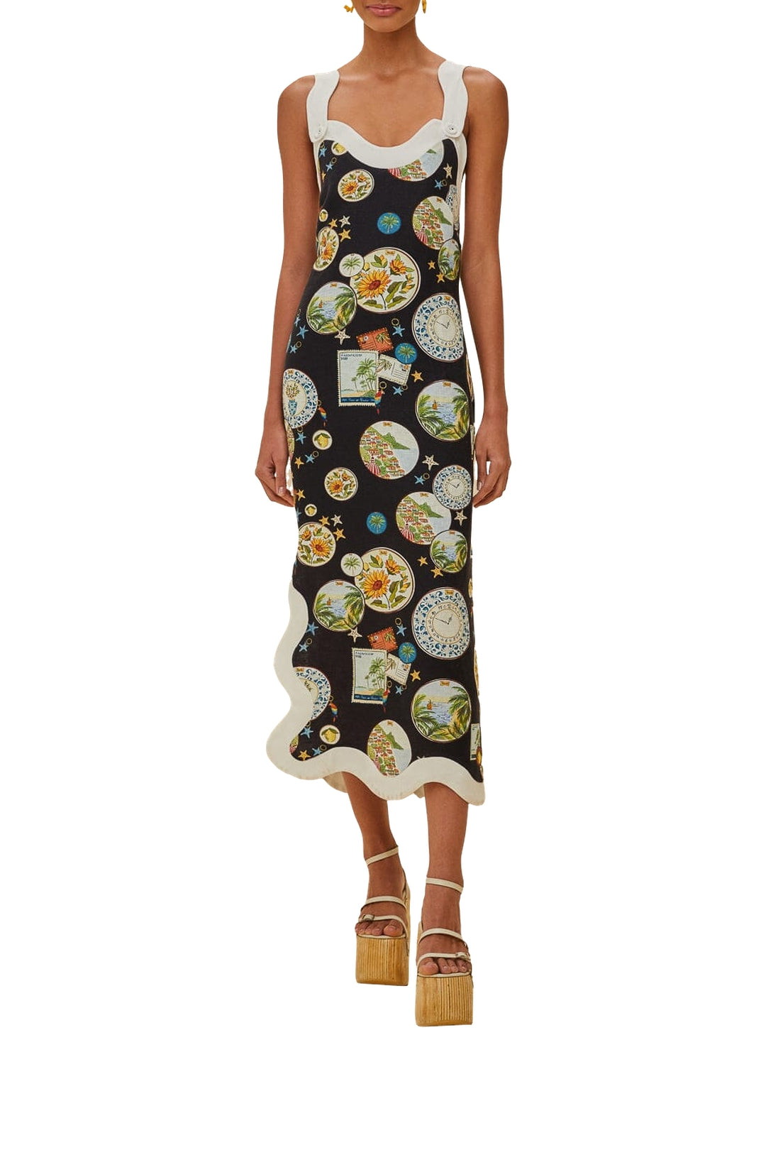 Robe midi à bretelles Waveped en lin - Noir