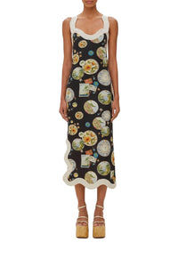 Waveped linen midi dress with straps - Black