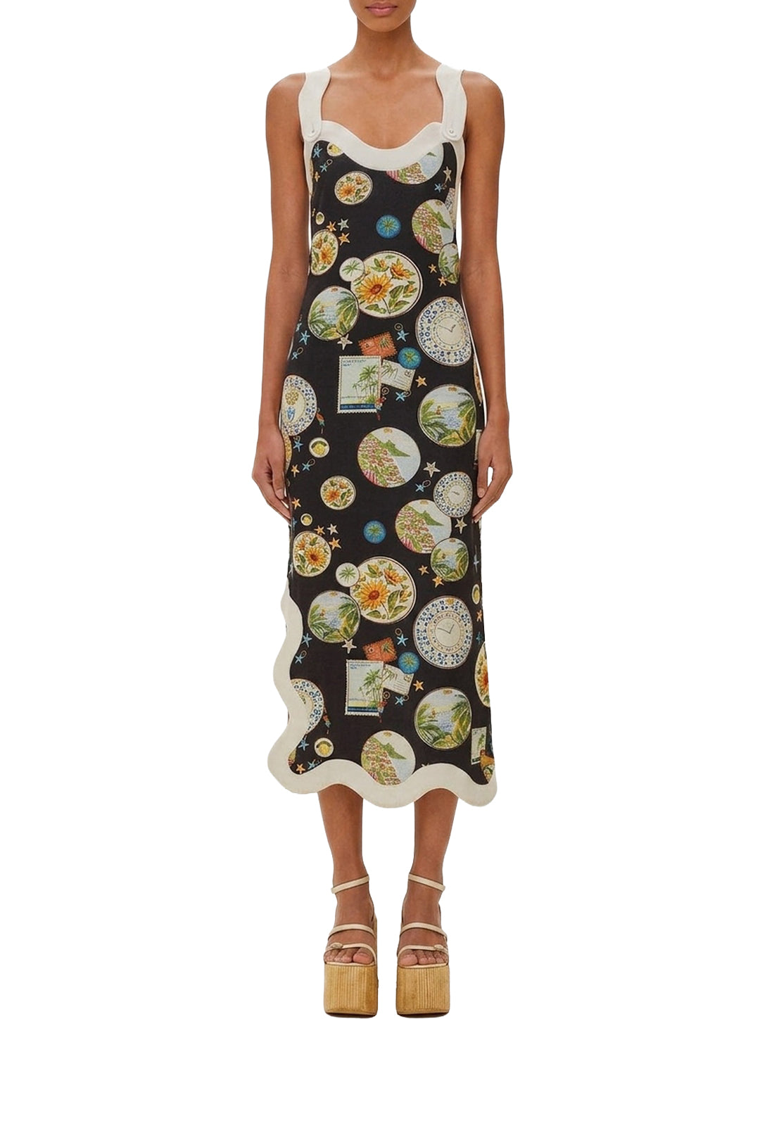 Waveped linen midi dress with straps - Black