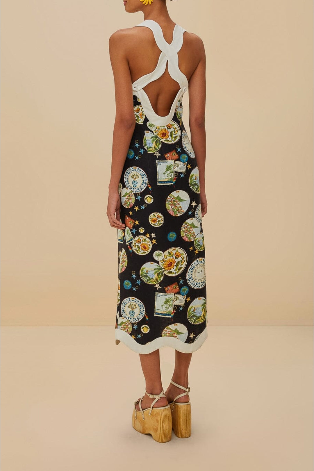 Robe midi à bretelles Waveped en lin - Noir