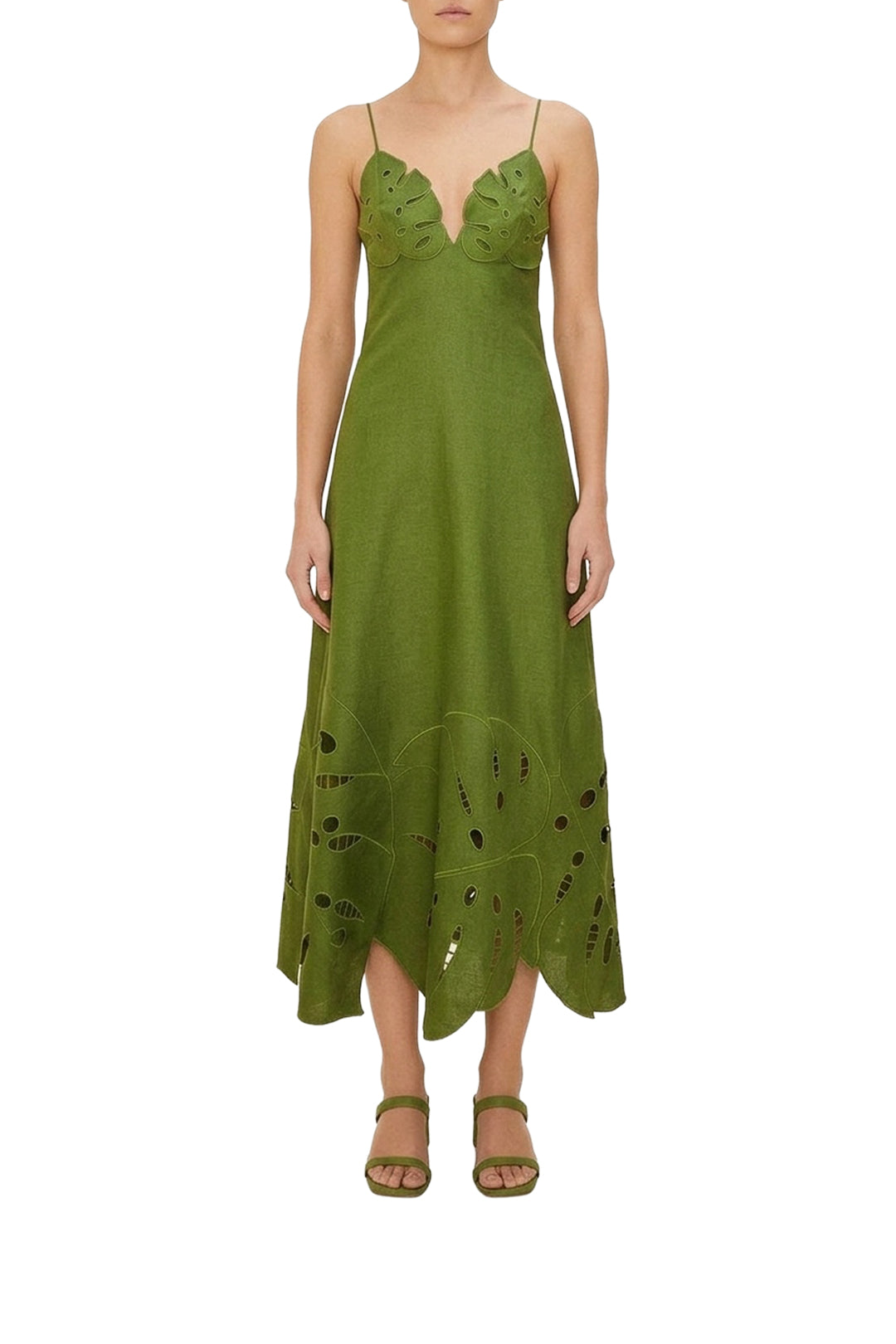 Robe longue Monstera brodée en lin - Vert