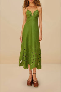 Robe longue Monstera brodée en lin - Vert