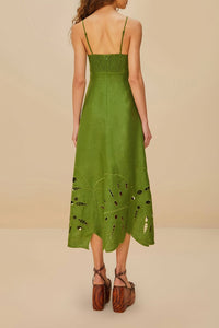 Robe longue Monstera brodée en lin - Vert