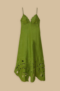 Robe longue Monstera brodée en lin - Vert