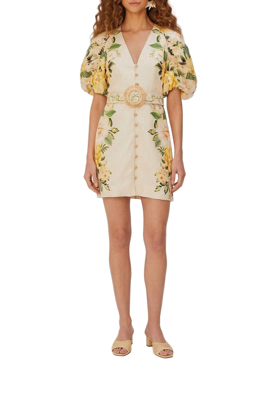 Puffy Sleeves short dress in linen - Beige