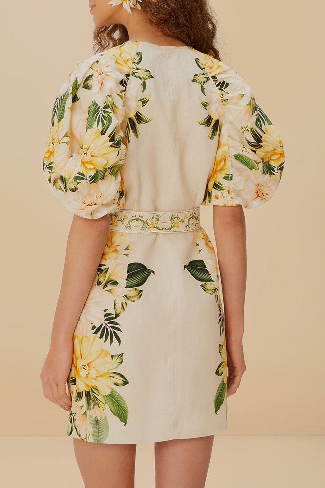 Puffy Sleeves short dress in linen - Beige