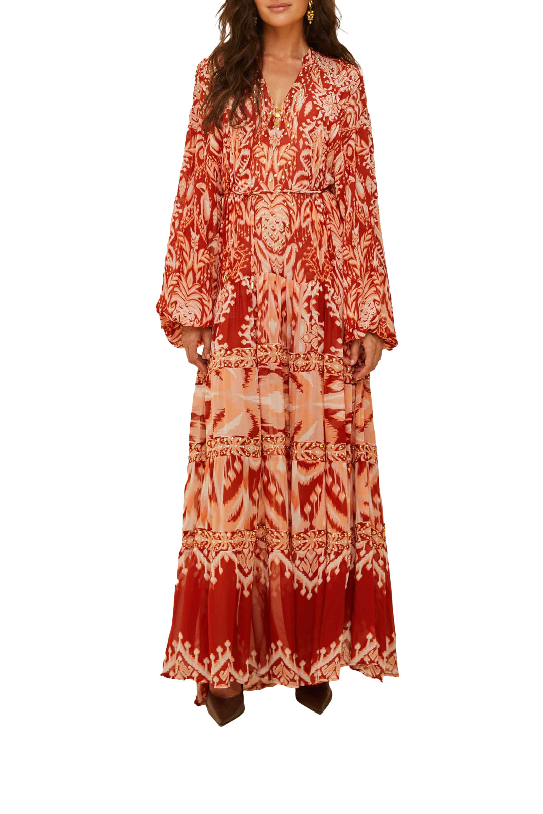Robe longue brodée - Rouge