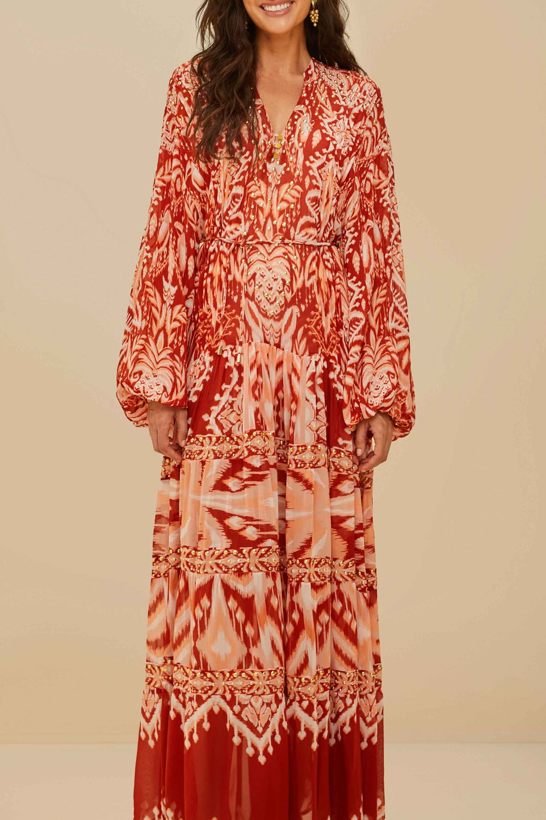Robe longue brodée - Rouge