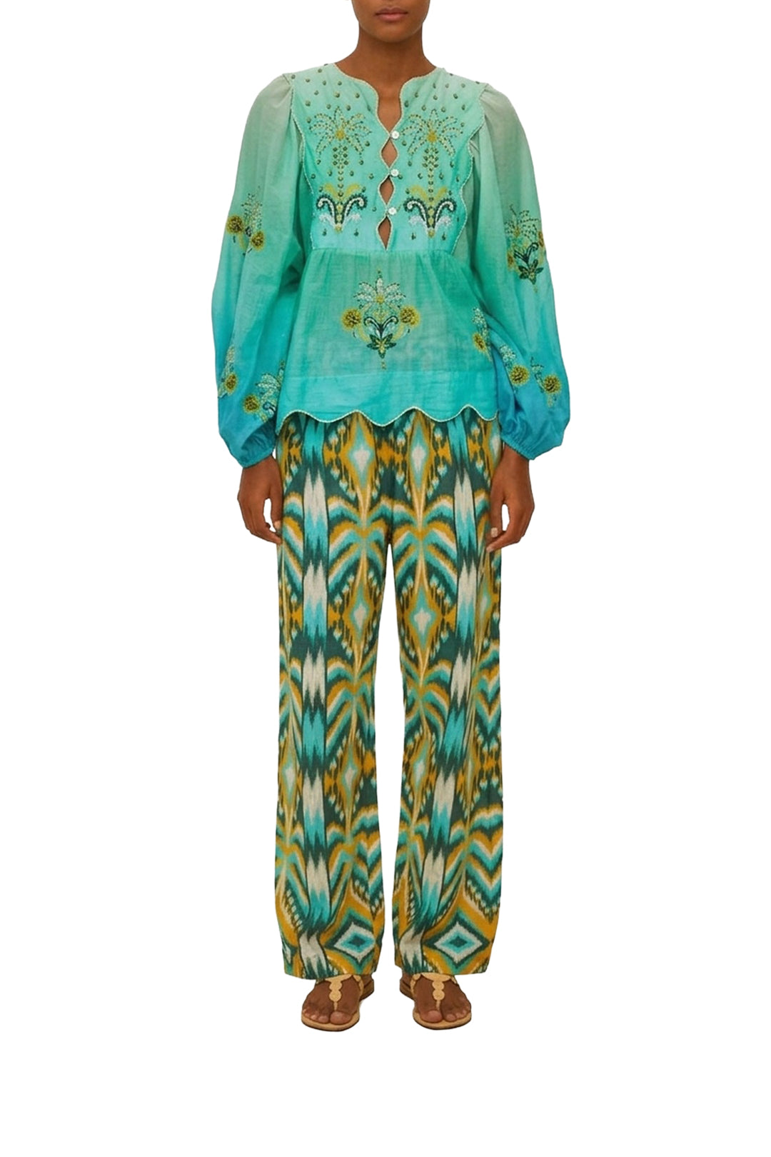 Pantalon taille basse en lin - Bleu