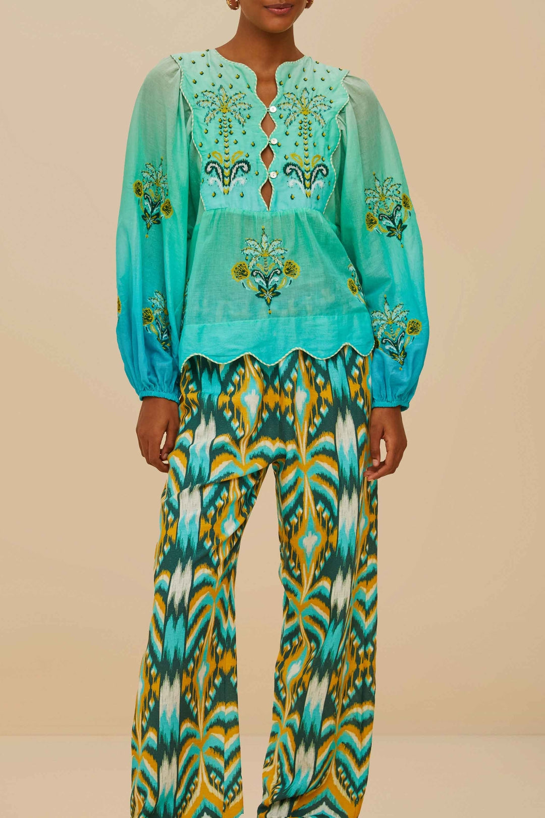 Pantalon taille basse en lin - Bleu