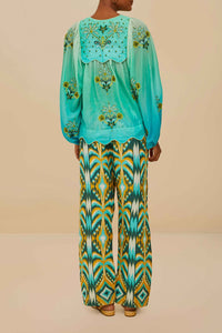 Pantalon taille basse en lin - Bleu