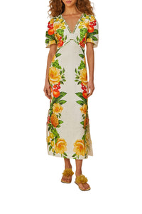 Robe longue manches courtes en lin - Jaune