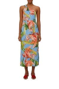 Robe midi asymétrique en lin - Bleu