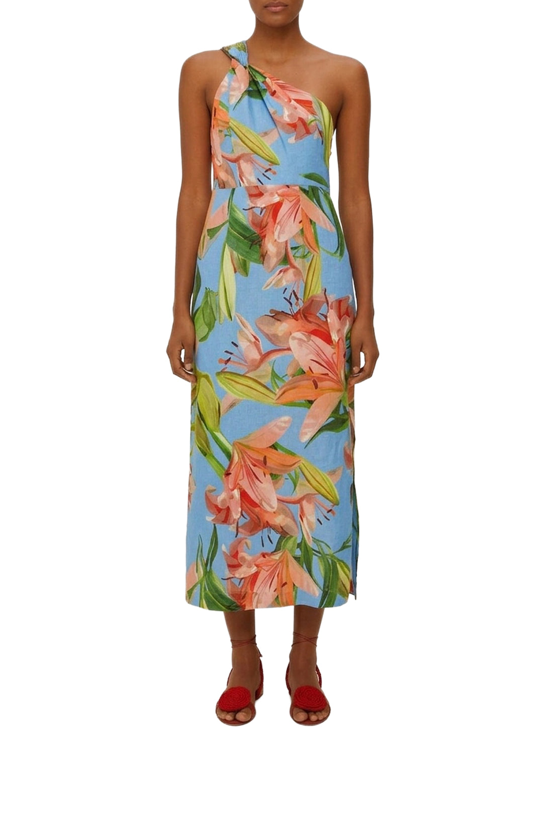 Robe midi asymétrique en lin - Bleu