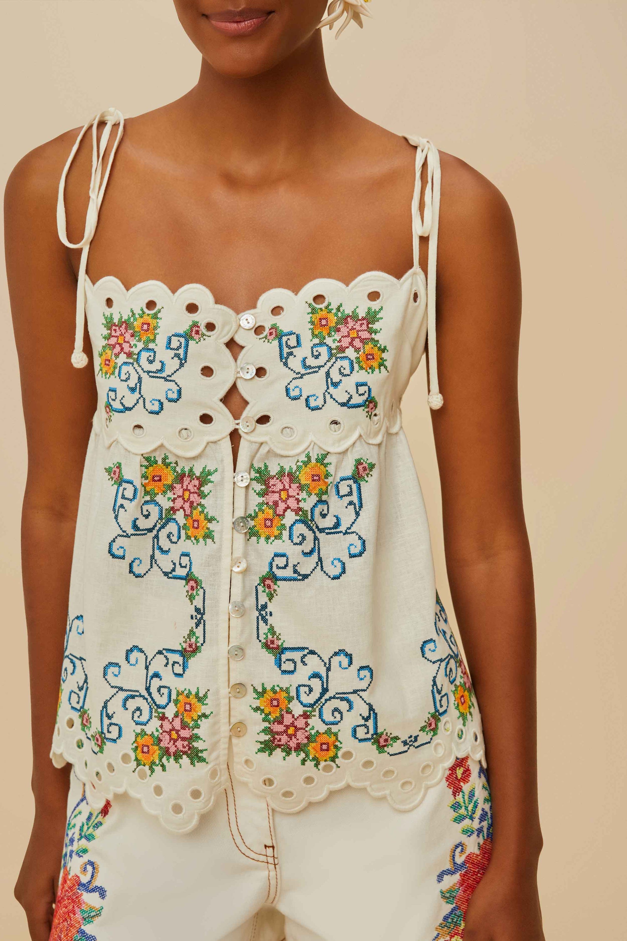 Blouse Lacy sans manches en lin - Beige