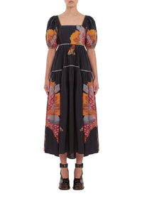Robe midi Lucy Floral à manches bouffantes en coton - Noir