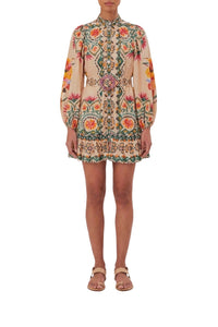 Robe courte Lucy floral à manches longues en coton - Beige