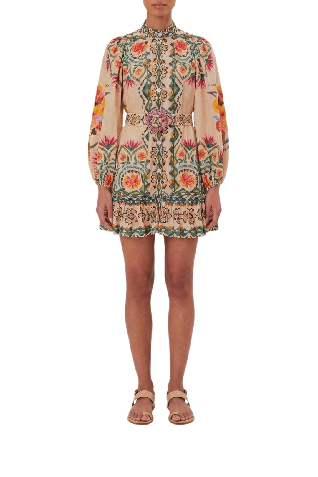 Robe courte Lucy floral à manches longues en coton - Beige