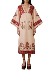 Robe midi Nature brodée en lin - Beige
