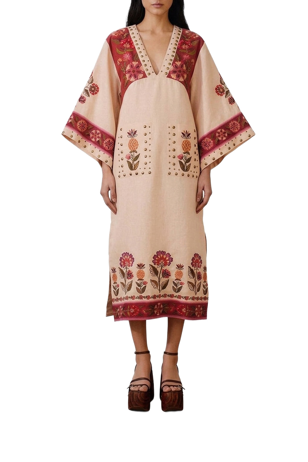 Robe midi Nature brodée en lin - Beige