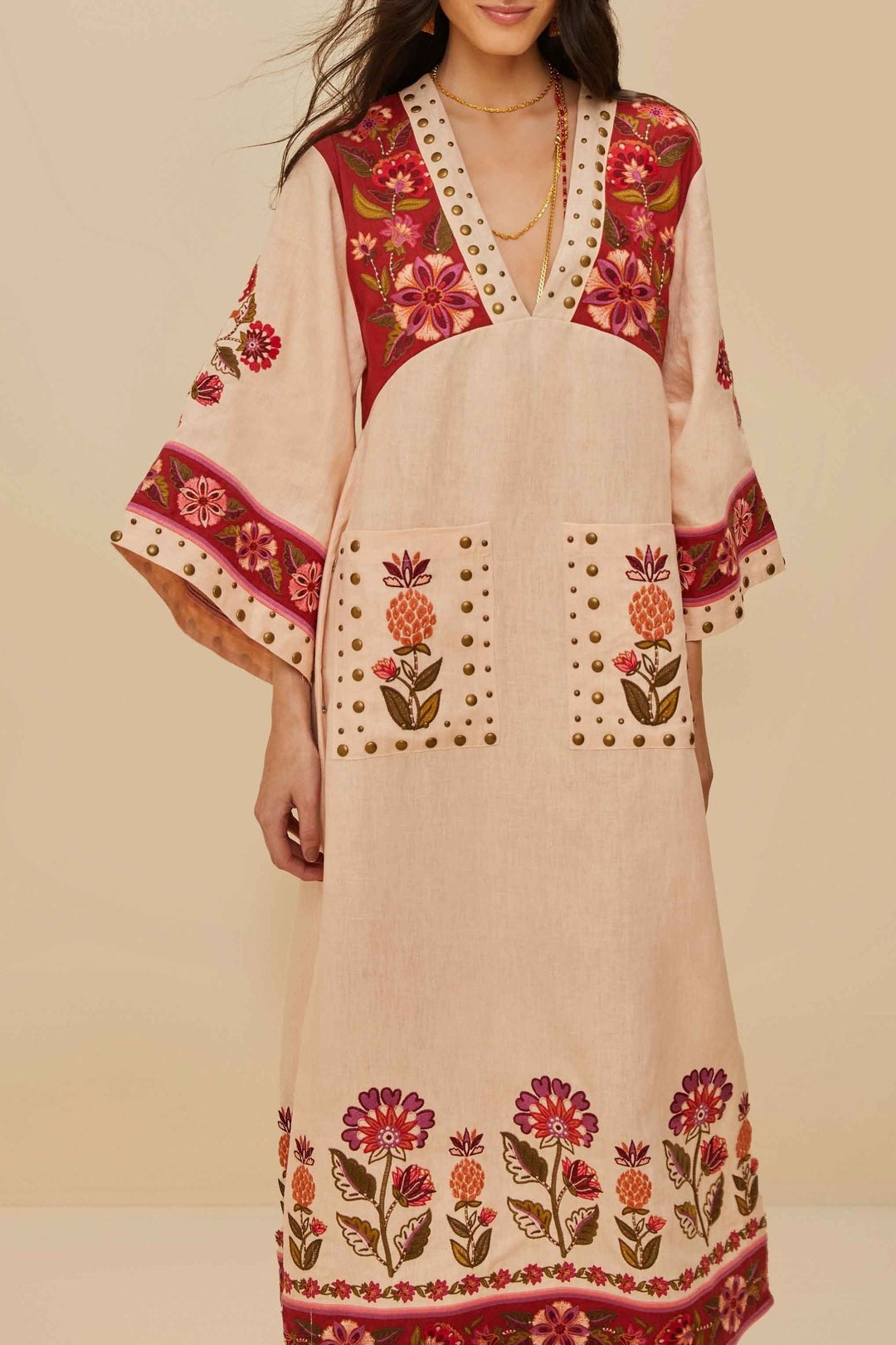 Robe midi Nature brodée en lin - Beige