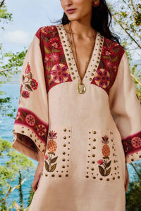 Robe midi Nature brodée en lin - Beige