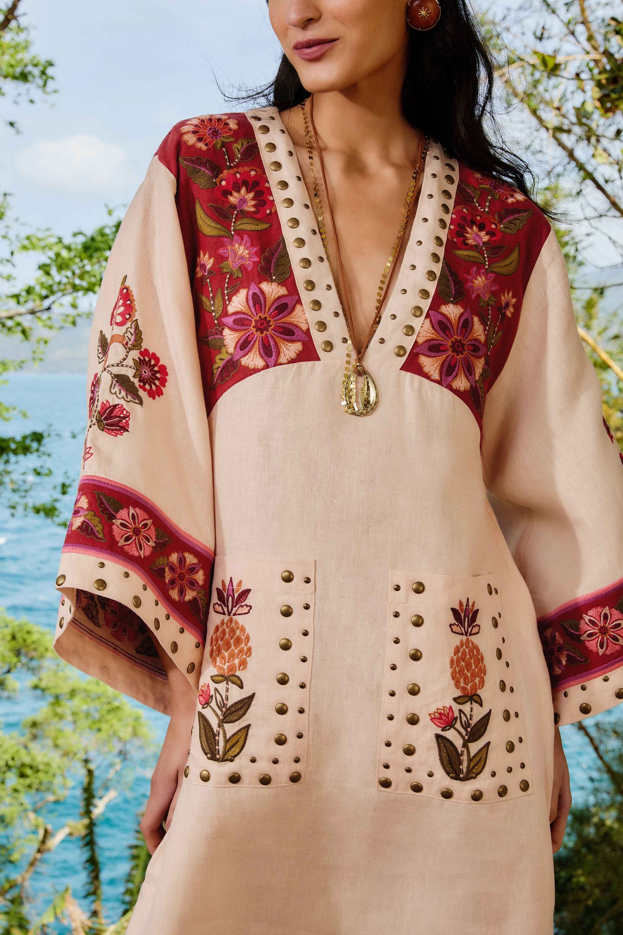 Robe midi Nature brodée en lin - Beige