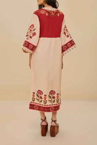Robe midi Nature brodée en lin - Beige