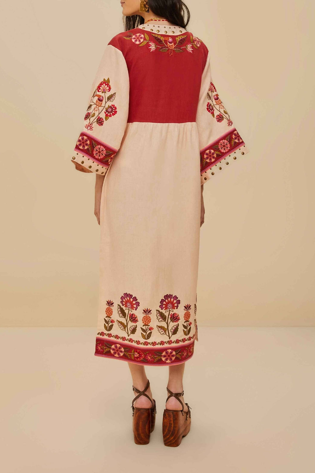 Robe midi Nature brodée en lin - Beige