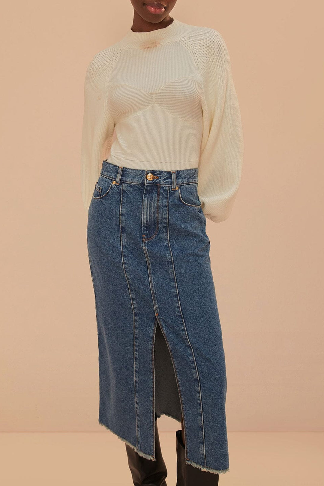 Jupe midi taille basse en denim - Bleu