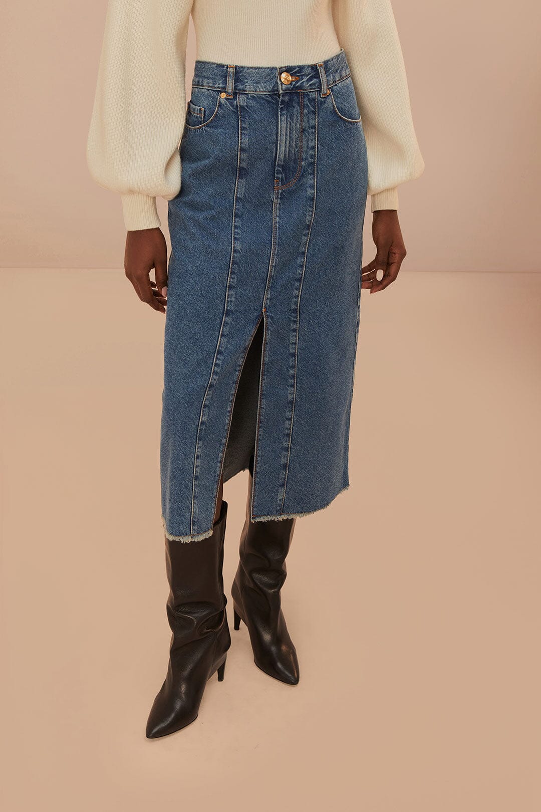 Jupe midi taille basse en denim - Bleu