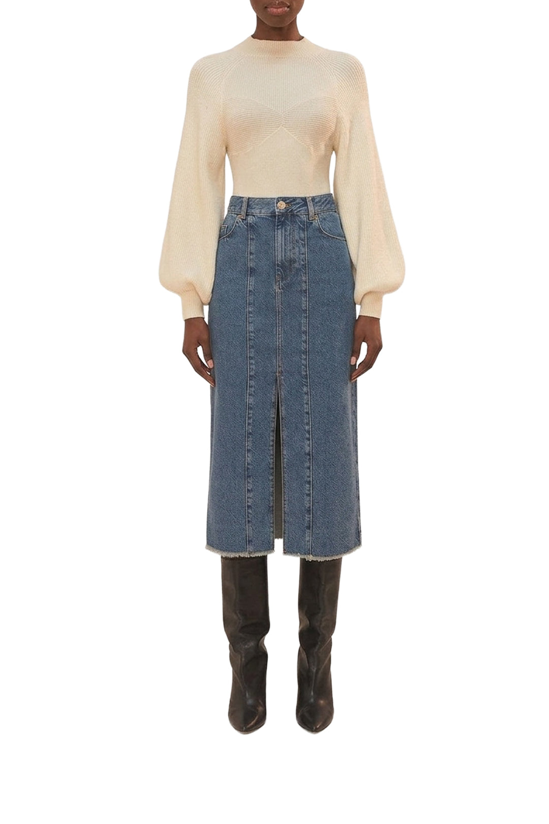 Jupe midi taille basse en denim - Bleu