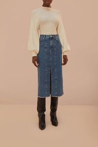 Jupe midi taille basse en denim - Bleu