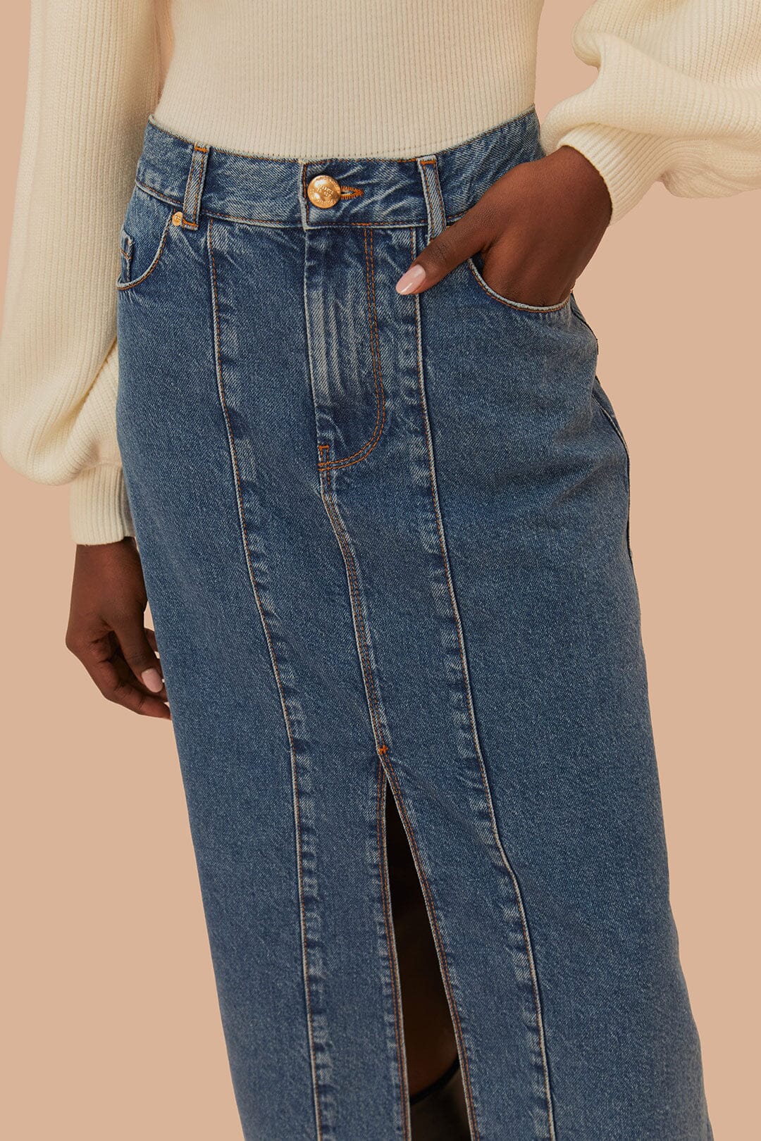 Jupe midi taille basse en denim - Bleu