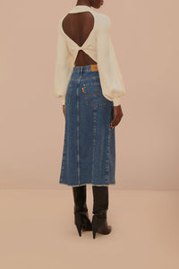 Jupe midi taille basse en denim - Bleu