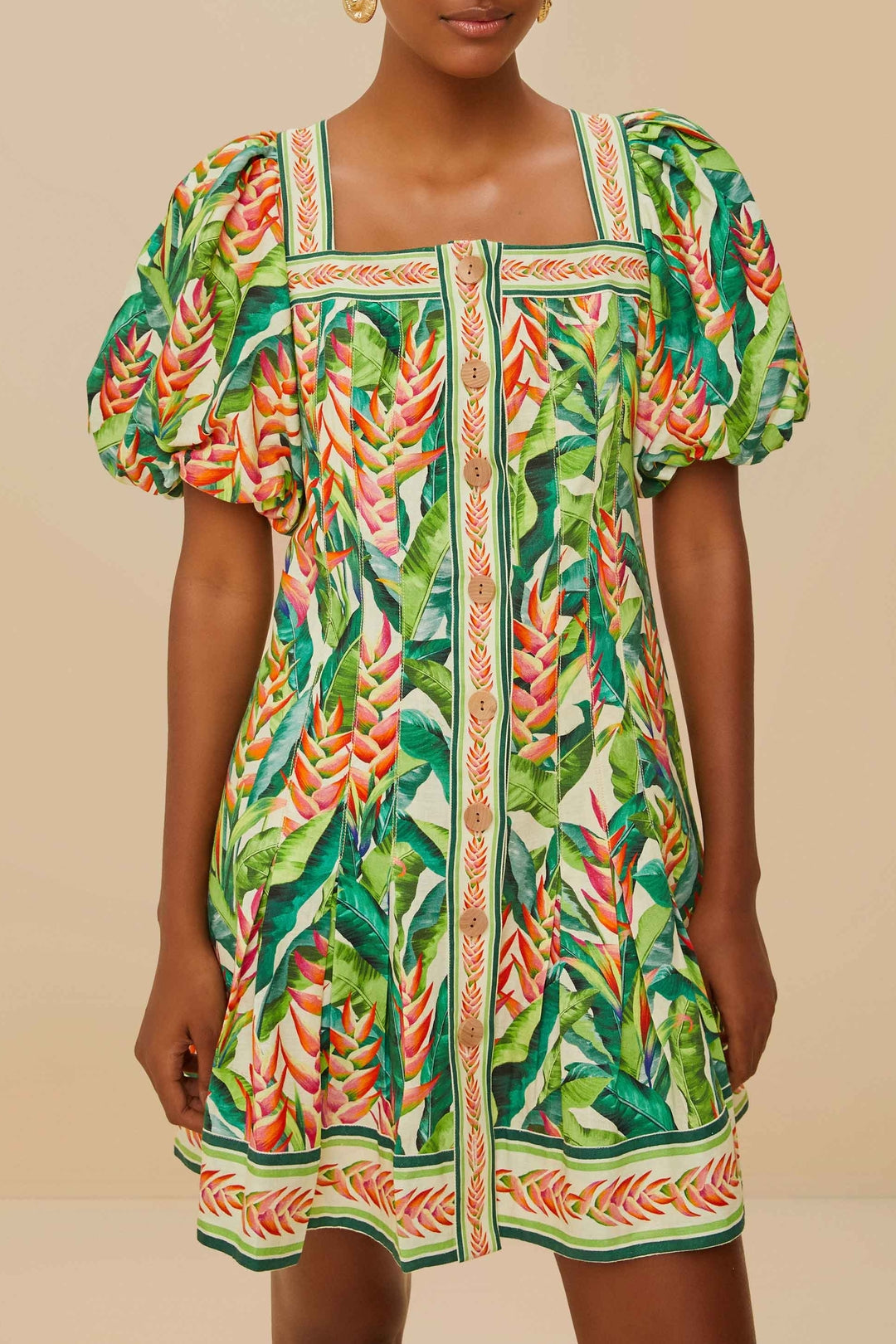 Robe courte Heli Leaves Pearl en lin - Vert