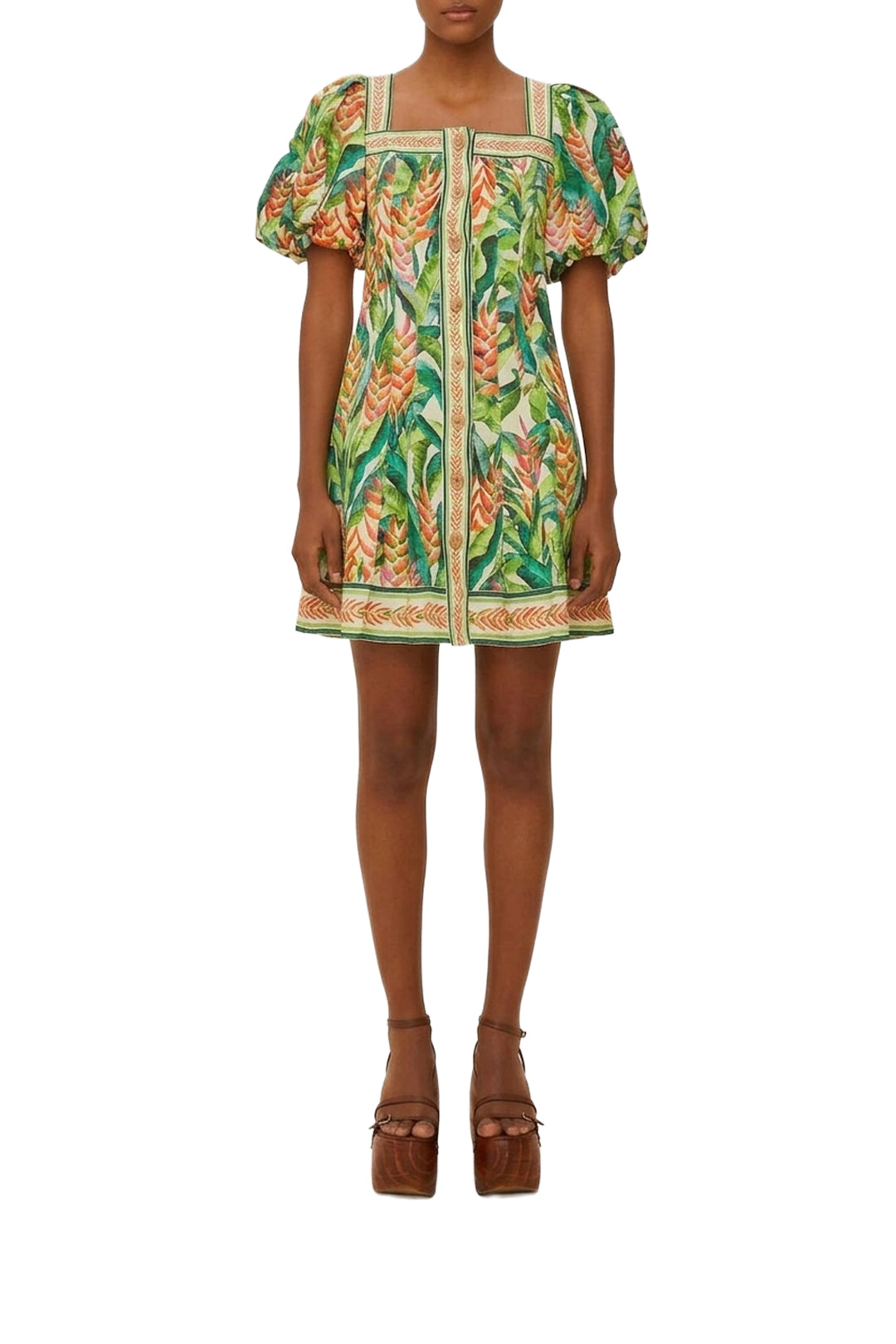 Robe courte Heli Leaves Pearl en lin - Vert