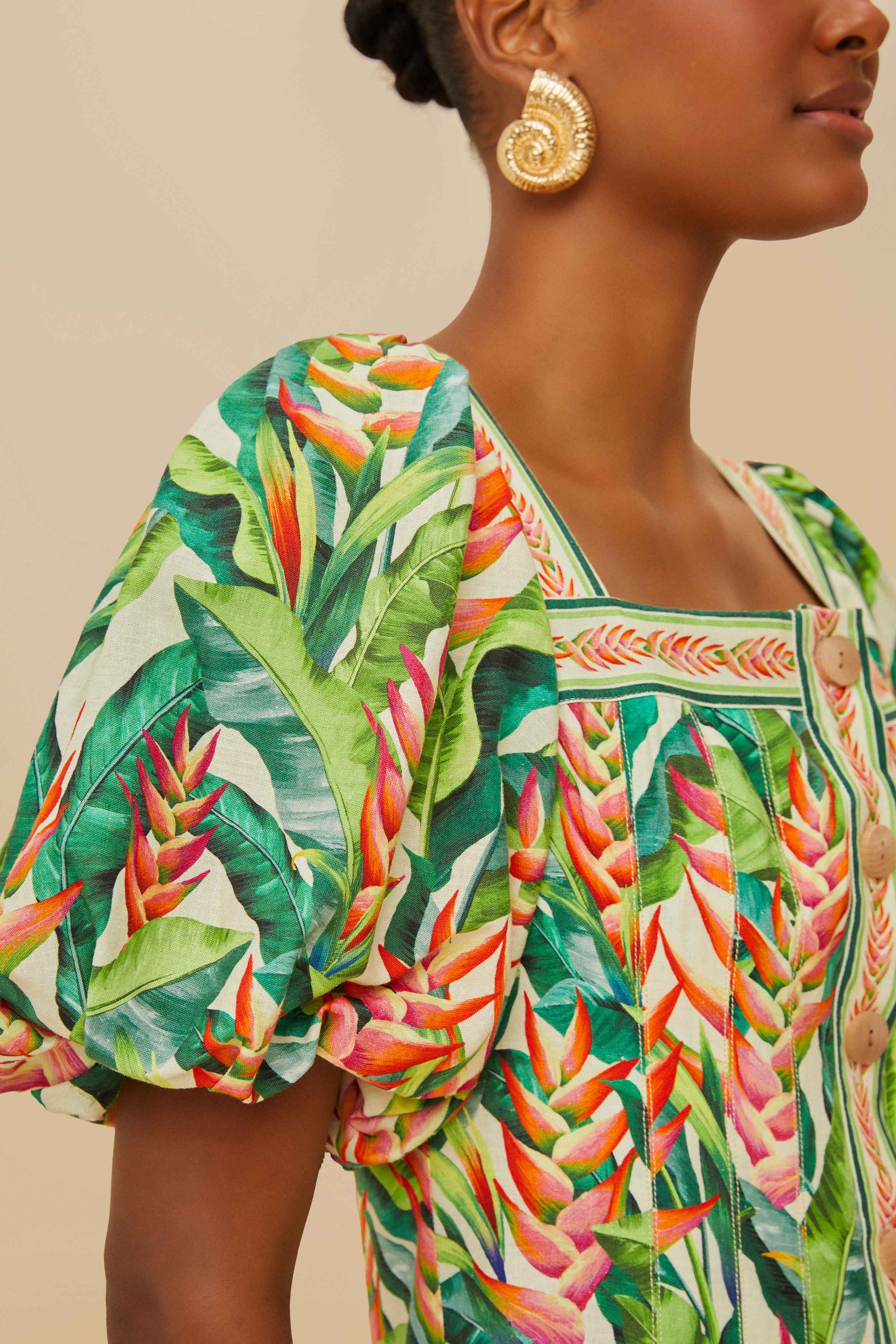 Robe courte Heli Leaves Pearl en lin - Vert
