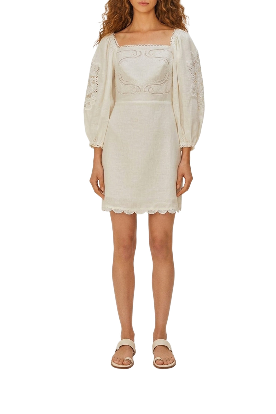 Robe courte brodée en lin - Blanc
