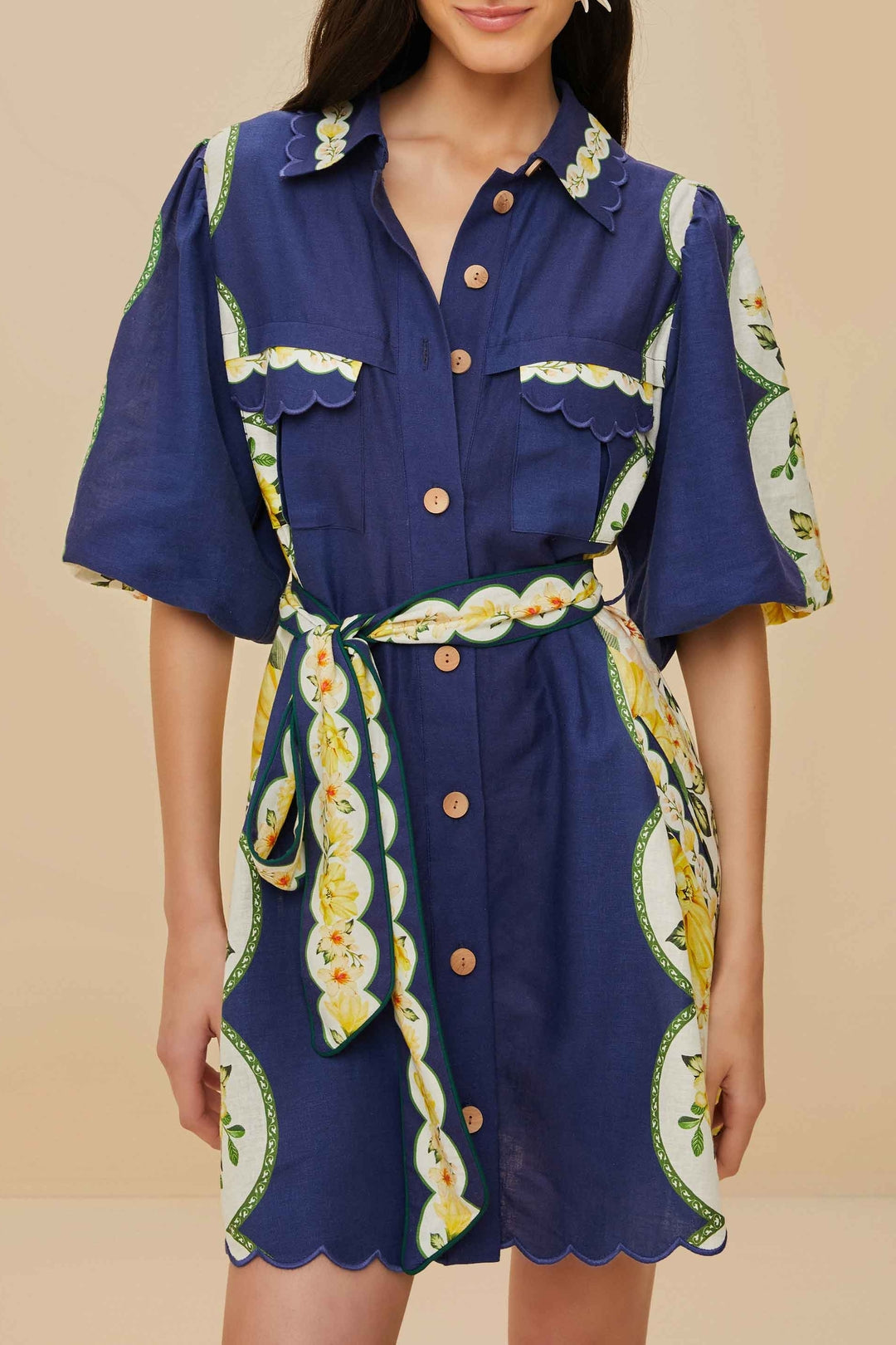 Robe courte Amazon Garden Cream en lin - Bleu