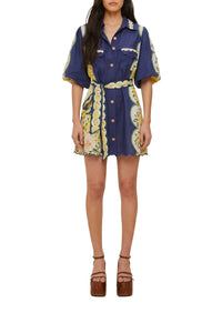 Robe courte Amazon Garden Cream en lin - Bleu