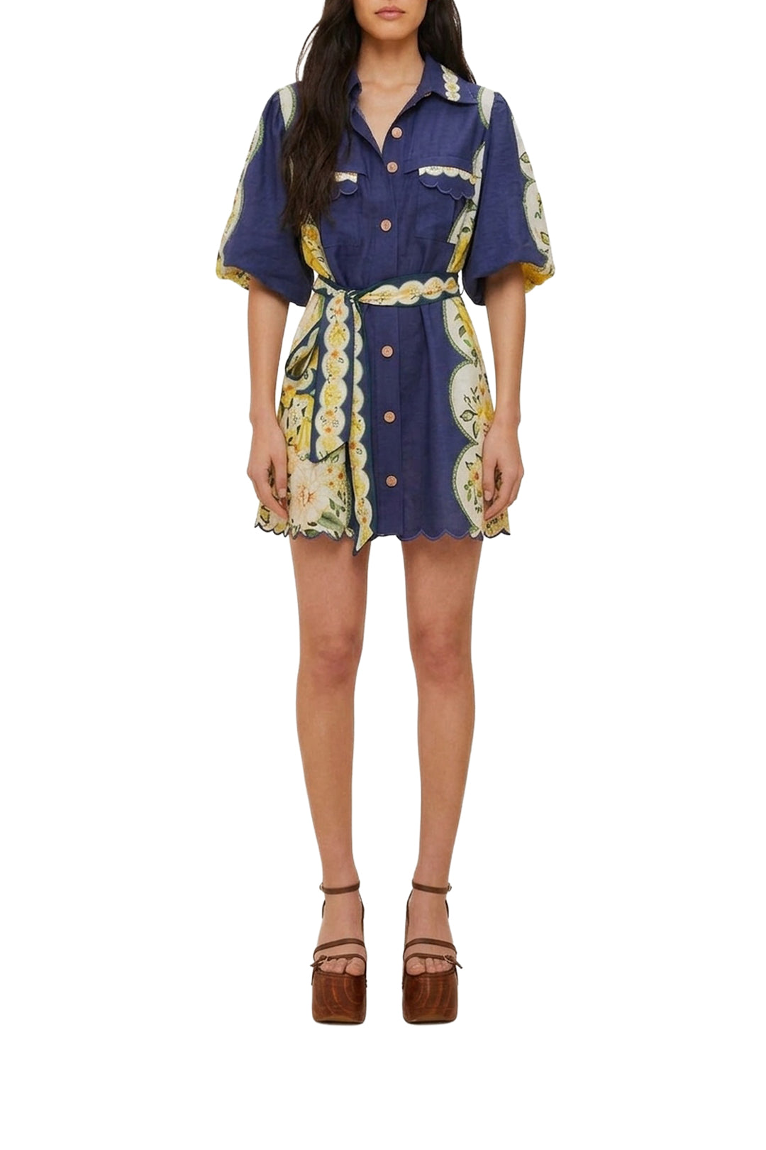 Robe courte Amazon Garden Cream en lin - Bleu