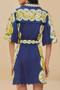 Robe courte Amazon Garden Cream en lin - Bleu