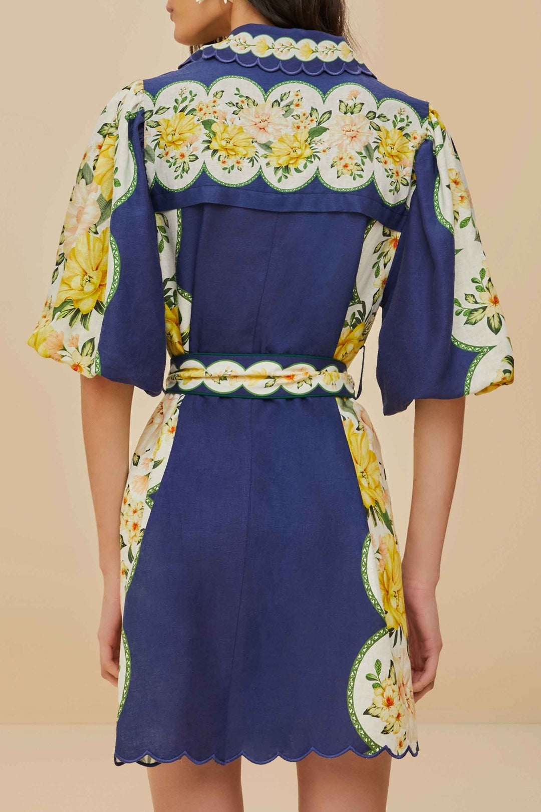 Robe courte Amazon Garden Cream en lin - Bleu