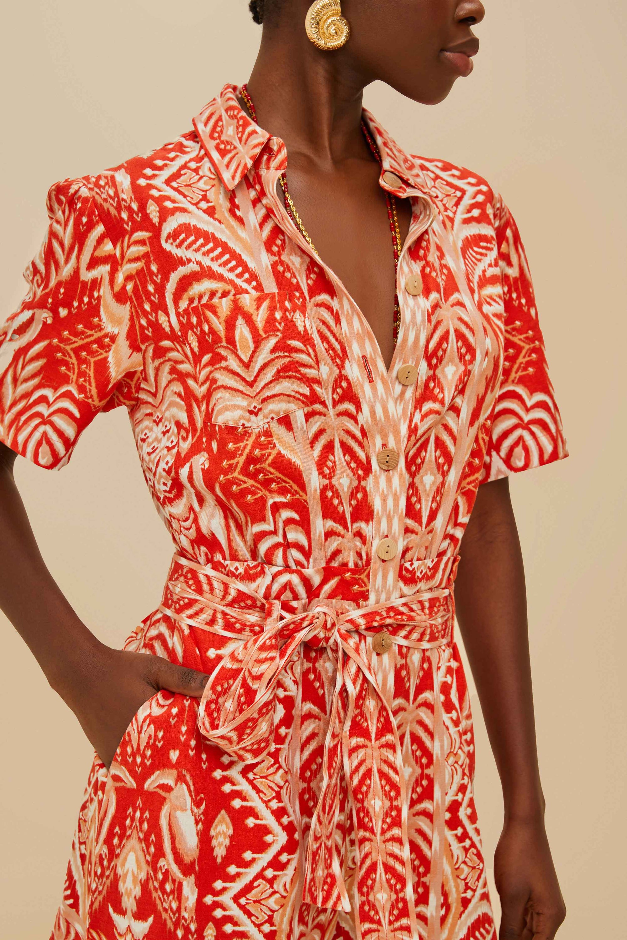 Combi-short Tropical Tapestry en lin - Rouge