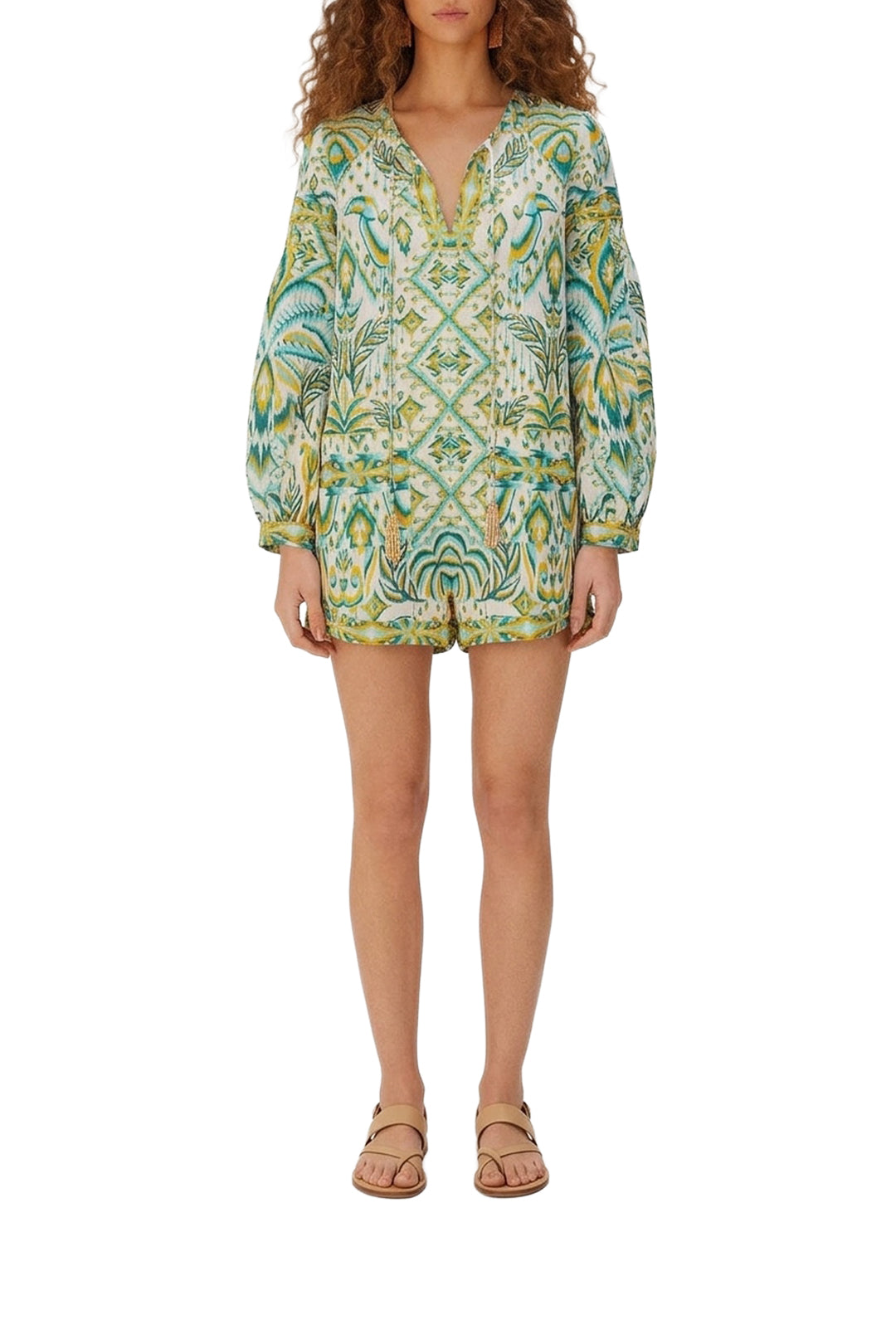 Combi-short Tropical Tapestry en lin - Bleu