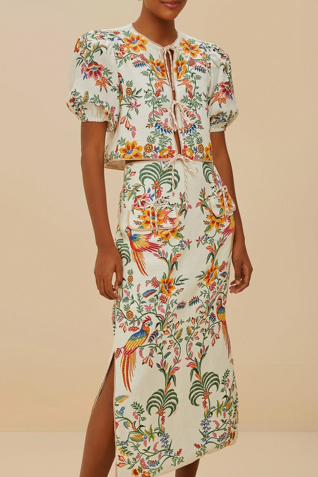 Jupe midi Delicate Forest en lin - Beige